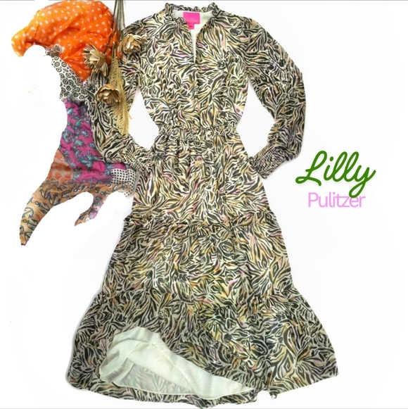 Lilly Pulitzer Dresses & Skirts - New Lilly Pulitzer Pink Tiger Print Gold Metallic Striped Sheer Maxi Dress Sz 2